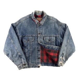 VTG Levi's Jacket Mens Large Denim Lined Trucker Buffalo Plaid Button 70417